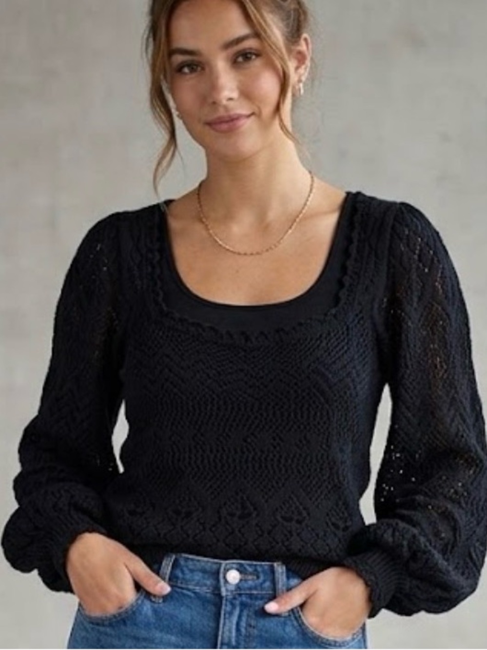 Lauren Ralph Lauren Black Scoop Neck Lace-Knit Sweater